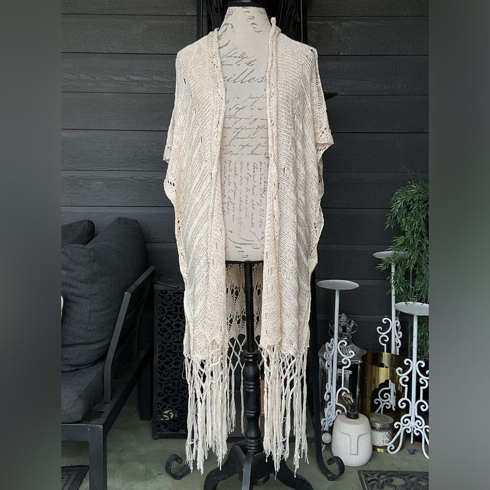 Kori America Crochet Open Front Fringe Duster Cardigan NWT Size S/M